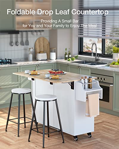 QSun Kitchen Island on Wheels Kitchen Cart with Rubber Wood Top, Mobile Kitchen Island with Double Storage Cabinet and Drawers, Island Table for Kitchen (White) - color: White