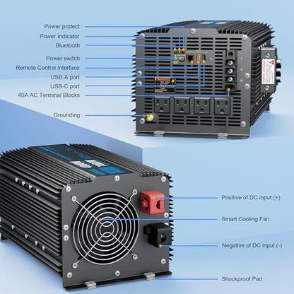 GIANDEL 4000W Pure Sine Wave Power Inverter 12V to 120V AC,7000W Surge,Compatible with All 12V Batteries,Bluetooth Control,30FT Wired Remote,FCC Approved for RV Campers Off-Grid Solar Systems