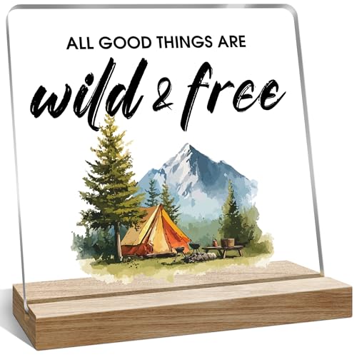 Funny Camping Desk Sign Gifts for Camper, All Good Things are Wild and Free Quote Acrylic Desk Decorations - color: Teal