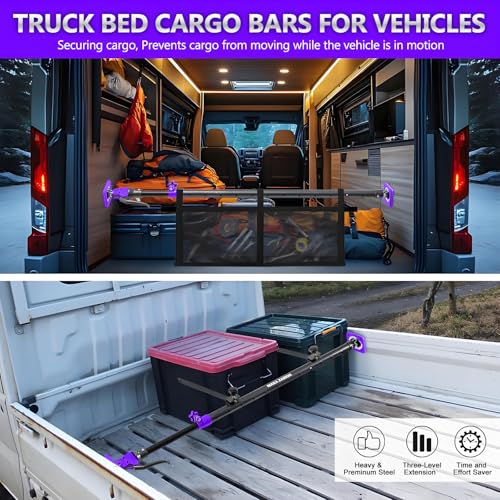 Adjustable Cargo Bar, Truck Bed Divider from 40 to 78.7 in with 200LB Bearing, Cargo Bar for Pickup, Truck Bed Organizer Cargo Bars for SUV, Trailer, Van, Come with 4 Divider, 2 Pack, 1 Cargo Net - size: 40-78.7 inches 2-pack