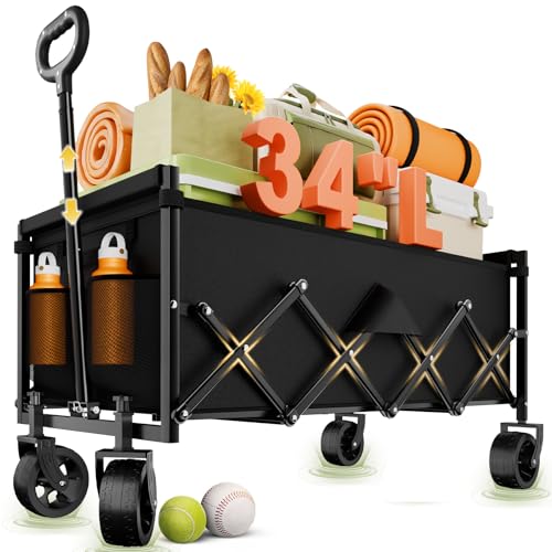 Extra Long Collapsible Wagon Cart, 360LBS Heavy Duty Utility Wagons with All-Terrain Wheels, Foldable Grocery Carts for Gardening, Shopping, Beach, Camping, Black - color: Ebony