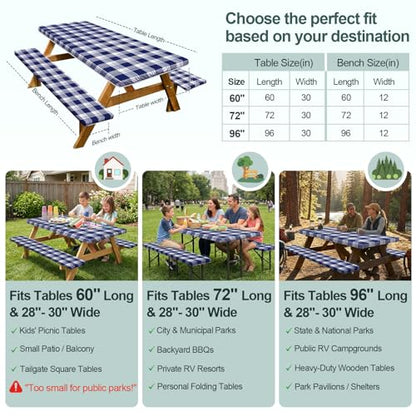 Picnic Table Cover with Bench Covers Camping Essentials Waterproof Windproof Camping Tablecloth with Drawstring Bag, Fitted Rectangle Tables and Seats, 72in, Blue Checkered - color: Blue Checkered, size: 72in