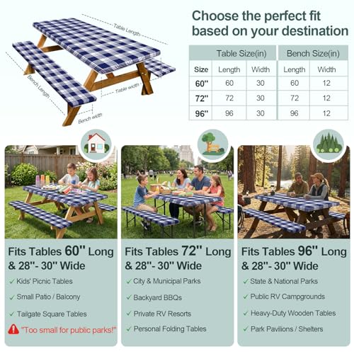 Play Tailor Picnic Table Cover with Bench Covers Camping Essentials Waterproof Windproof Camping Tablecloth with Drawstring Bag, Fitted Rectangle Tables and Seats, 96in, Blue Checkered - color: Blue Checkered, size: 96in