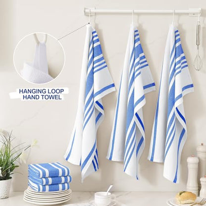 Homaxy Premium Kitchen Towels 18”x 28”, Large Cotton 380 GSM Kitchen Hand Towels, Stripe and Terry Dish Towel, Highly Absorbent Tea Towel Set with Hanging Loop, 3 Pack, Blueberry - color: Blueberry Stripe, style: 3-pack