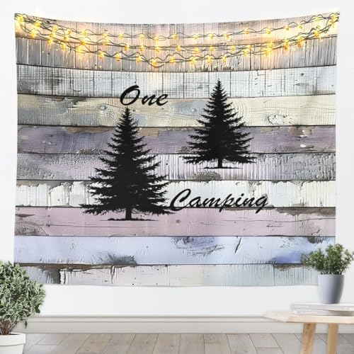 Erosebridal One Camping Tapestry for Bedroom | Woodland Pine Tree Wall Tapestry Aesthetic Happy Camp Tapestries XLarge 70x92, Vintage Farmhouse Style Hanging Wall Art - color: Black And Grey, size: 92.5"L x 70.9"W