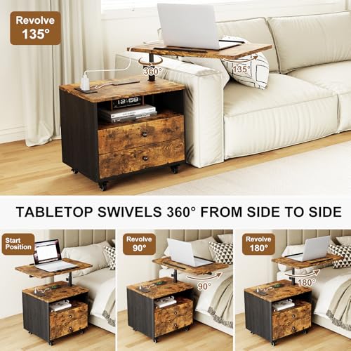 Bedroom Nightstand with Drawers & Charging Station, Adjustable Height Bedside Table with Wheels, Wooden Small Sofa Side Tables with Storage for Living Room, Rustic Brown - color: [A3] Rustic Brown