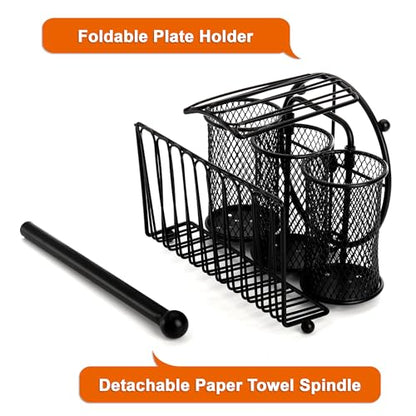 Elsjoy Picnic Utensil Holder Caddy with Handle & Paper Towel Holder, Metal Silverware Organizer Portable Flatware Holder for Cutlery, Fork, Spoon, Plate, Napkin