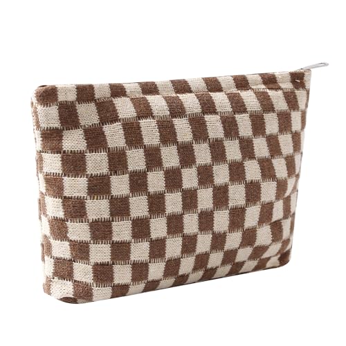 Cosmetic Bags for Women - Corduroy Cosmetic Bag Aesthetic Women Handbags Purses Smile Dots Makeup Organizer Storage Makeup Bag Girls Case Bags (Q-Checkered Khaki) - color: Q-Checkered Khaki