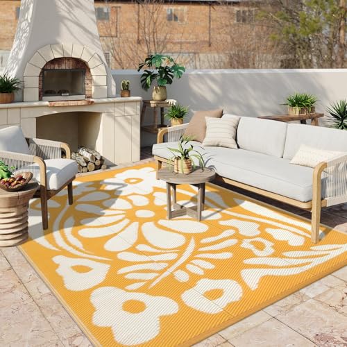 Uphome Outdoor Rugs 8x10 Waterproof, Reversible Orange Floral RV Camping Rug, Patio Plastic Straw Outside Rug, Large Foldable Outdoor Mat Carpet for Backyard Deck Pool Balcony Picnic Beach, 8'x10' - color: Orange-floral, size: 8' x 10' (Rectangular)