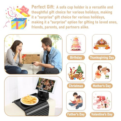 SINWANT Couch Cup Holder Tray,Foldable Sofa Arm Clip on Tray Table with 360° Rotation Cup Holder,Bamboo Anti-Slip Couch Armrest Table for Coffee Cup,Water Bottles,Mug,Snacks,Remote on Large Armrest - color: Black