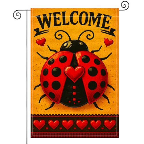 BlissYard Spring Welcome Ladybug Garden Flag 12x18 Inch Double Sided Heart Shaped Ladybug Burlap Garden Flag Rustic Farmhouse Yard Outdoor Small Banner for Porch Patio Lawn Spring Summer Decoration - color: Spring Welcome Ladybug Garden Flag