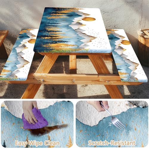 Picnic Table Cover with Bench Covers Elastic Edges, Outdoor Patio Camping Essentials 72 Inch 3PCS, Waterproof Camping Fitted Tablecloth with Handbags (Boho mountain) - color: Mountain View, size: 72" x 30" (Rectangular)