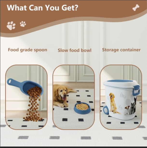 Pet Food Storage Container with Wheels Resin Capacity Dog Food Container with Slow Feeder Bowl and Scoop Easy to Move to Keep Food Fresh for Dogs, Cats, Birds（Blue&white,Quantity 1） - color: Blue&white