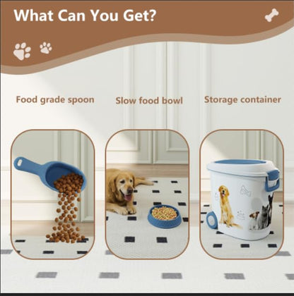 Pet Food Storage Container with Wheels Resin Capacity Dog Food Container with Slow Feeder Bowl and Scoop Easy to Move to Keep Food Fresh for Dogs, Cats, Birds（Blue&white,Quantity 1） - color: Blue&white