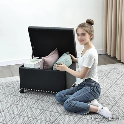 Leather Storage Ottoman,24’’Foot Rest Ottomans with Wheels and Hinged Lid Rectangle Upholstered Foot Stools Nailhead Trim for Living Room Bedroom,Black - color: Black With Wheels