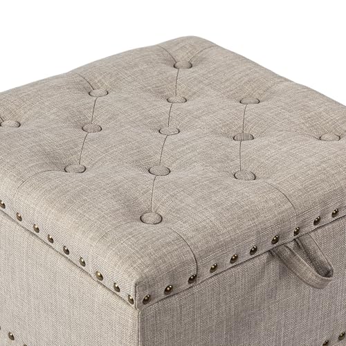 Adeco 18 Inch High Cube Ottoman Storage, Linen Beige Chair Foot Stools with Tray, Upholstered Vanity Stool with Solid Wood Legs - color: Beige With Nails