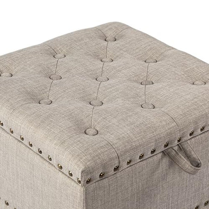 Adeco 18 Inch High Cube Ottoman Storage, Linen Beige Chair Foot Stools with Tray, Upholstered Vanity Stool with Solid Wood Legs - color: Beige With Nails