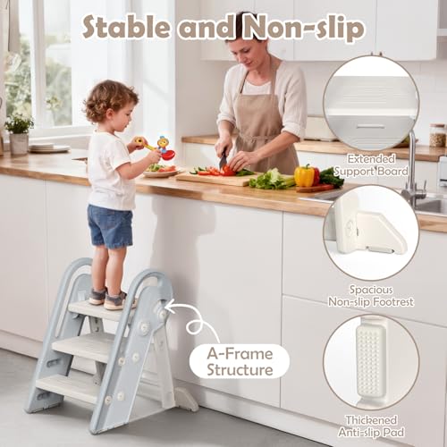 Onasti Adjustable Toddler Step Stool with Handles, Converts from 3-Step to 2-Step as Kids Grow, Non-Slip Safety Stool for Bathroom Sink, Kitchen Counter, Potty Training and Everyday Household Use-Grey - color: Silver Grey