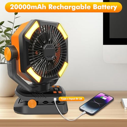 Portable Rechargeable Clip on Fan for Camping,20000mAh Battery Operated Powered Powered Fan with LED Light and Hanging Hook for Tents,Cordless Desk Fan with Remote