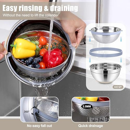 E-far Mixing Bowls with Lids Set, 15PCS Stainless Steel Mixing Nesting Bowl with Colander & 3 Metal Grater for Kitchen Prep/Baking/Storage, Non-Slip Bottom & Airtight Lid, 4.6, 3, 1.5, 1, 0.7QT, Khaki - color: Khaki