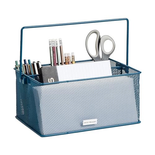 Mind Reader Multi-purpose Storage Caddy with Handle, Desktop Organizer, Cutlery Holder, 4 Compartments, Metal Mesh, Turquoise - color: Turquoise