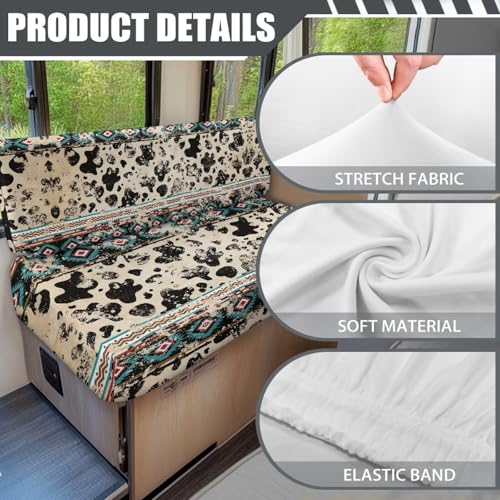 Aztec Cow Print RV Seat Covers Dinette Booth Cushions Retro Camper Cushion Covers 2 Cushion Couch Cover for RV Sofa Stretchy RV Bench Seat Covers for Travel Trailer Couch - color: Aztec Cow Print