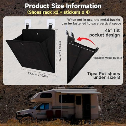 PUGPIU RV Camper Shoe Storage 2 Pack - Foldable Wall Mounted Shoe Rack Organizer - Self-Adhesive Rv Shoe Holder - Space Saving for Camper Essential Home Travel with Deep Pocket Fit 1 Pair Shoes, Black - size: 2