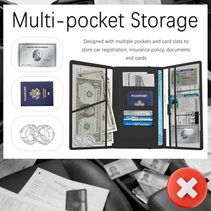 Tri-fold PU Car Registration and Insurance Holder,Multi-Pocket Car Registration and Insurance Card Holder for Cards,Papers,Documents,Portable Cars Document Holders Glove Box (Black)
