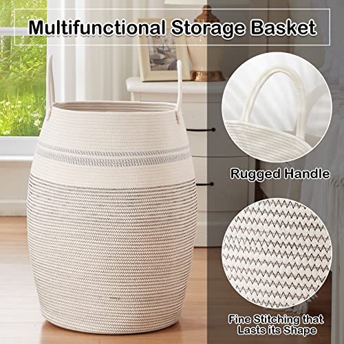 OIAHOMY Laundry Hamper Woven Cotton Rope Large Clothes Hamper 25.6" Height Tall Laundry Basket with Extended Cotton Handles for Storage Clothes Toys in Bedroom, Bathroom, Foldable (Light Grey) - color: White black