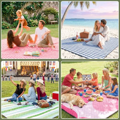 Genovega Waterproof Picnic Blanket Beach Outdoor Camping Mat Rug Extra Large Foldable Cute Big Travel Essential Accessories Gift Park Patio Lawn Garden Grass Play Music Festival Concert Must Have - color: Checkered Green