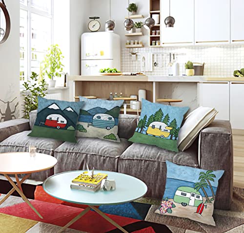 Rustic Funny Cute Cartoon Drawing Rv Travel Trailer Camper Throw Pillow Cover Pillowcase 18x18 Inch (Set of 4) Decor, Camper Rv Farmhouse Sofa Bed Bedroom Home Decoration