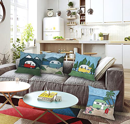 Rustic Funny Cute Cartoon Drawing Rv Travel Trailer Camper Throw Pillow Cover Pillowcase 18x18 Inch (Set of 4) Decor, Camper Rv Farmhouse Sofa Bed Bedroom Home Decoration