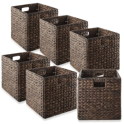 Casafield 12" x 12" Water Hyacinth Storage Baskets, Espresso - Set of 6 Collapsible Cube Organizers, Woven Bins for Bathroom, Bedroom, Laundry, Pantry, Shelves - color: Espresso, size: 6-Pack