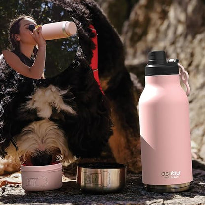asobu Dog Barky Bottle – Insulated Stainless Steel Water Bottle with 2 Removable Dog Bowls for Food, Treats & Water – Pet-Friendly Travel Bottle for Hiking, Road Trips & Outdoor Adventures - color: Pink