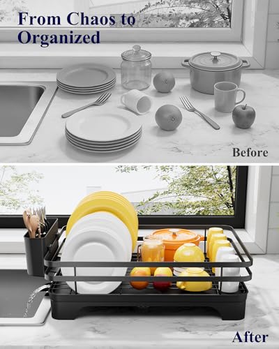Kitsure Dish Drying Rack - Multi-Functional Dish Rack for Kitchen Counter with Cutlery Holder, Rust-Proof Storage Solution with Rotatable, 15.7" x 12.0" x 5.5", Black - color: Black