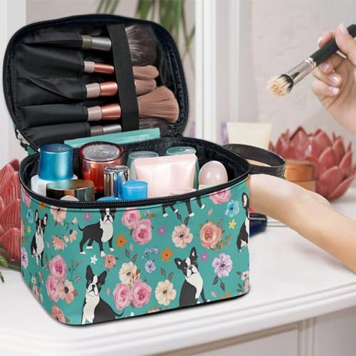 Cosmetic Bags Pug Dog Flower Printed Makeup Organizer Case for Women Ladies Multifunctional Toiletry Bursh Holder Purse Bathroom Receive Bag - color: Pug Dog Flower