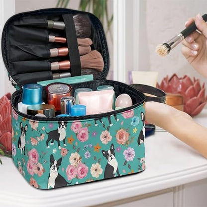 Cosmetic Bags Pug Dog Flower Printed Makeup Organizer Case for Women Ladies Multifunctional Toiletry Bursh Holder Purse Bathroom Receive Bag - color: Pug Dog Flower