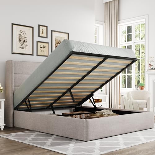 Allewie Queen Size Lift Up Storage Bed, Modern Wingback Headboard, Hydraulic Support, No Box Spring Needed, Light Beige - color: Beige, size: Queen, style: Modern