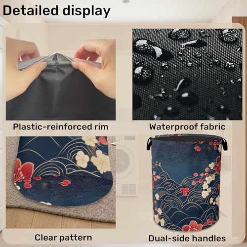 Japanese Cherry Blossom Laundry Basket, Blue Large Clothes Hamper Bag with Handles, Space Saving Foldable Design for Nursery - color: Japanese Wave Cherry Blossom