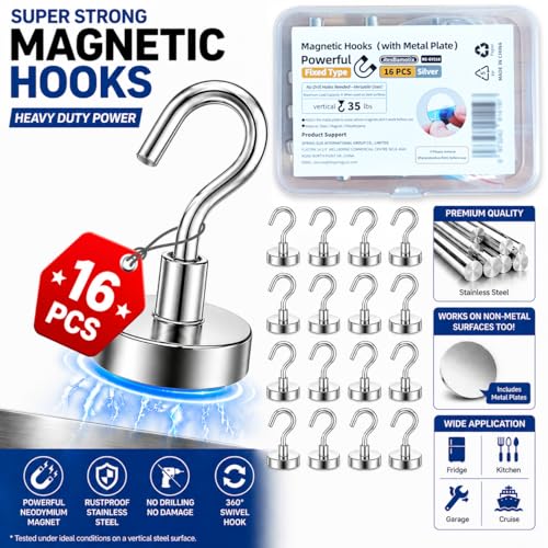 Magnetic Hooks for Cruise Cabins, Strong Neodymium Magnets | Strong Magnetic Hold | No Drill Installation | Cruise Cabin Essential | Includes Adhesive Metal Plates - size: 16 Pack with Metal Plates