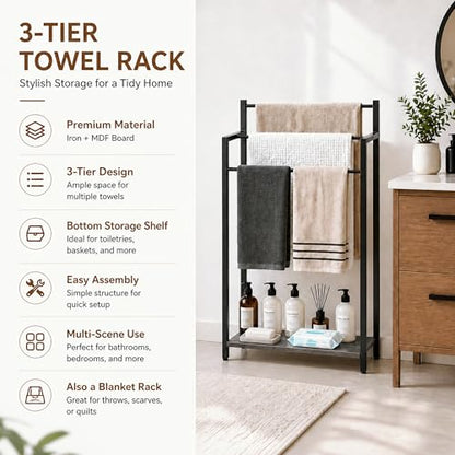 Freestanding Towel Rack, 3 Tier Blanket Ladder Stand with Oak Grey Wooden Shelf for Bathroom Living Room (31.5" H x 16.9" W x7.9 D) - color: Oak Grey, size: 31.5"H x 16.9"W x7.9"D