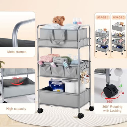 Honeydak 2in1 Baby Diaper Caddy Organizer Cart 3 Tier Large Capacity Metal Utility Bedside Rolling Cart with Divider Newborn Registry Nursery Essential Must Have Crib Bedroom Baby Shower(Gray) - color: Gray