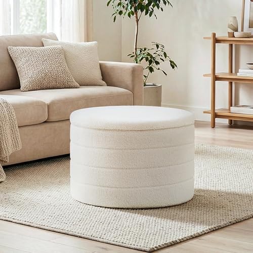 22" Round Storage Ottoman,Boucle Sherpa Ottoman with Tray, Faux Teddy Foot Rest Coffee Table for Bedroom Dorm Living Room,White - color: White, size: 22.2"D x 22.2"W x 15.8"H