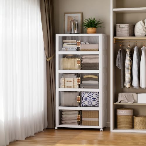 SAILUN 234QT/58Gal Stackable Storage Bins with a Lid, Collapsible Storage Bins With Doors, Folding Cabinet for Home Closet Organization,5 Pack-19.7" W x 12.6" D x 54.5" H White - color: White-50qt, size: 1 lid 5 Pack