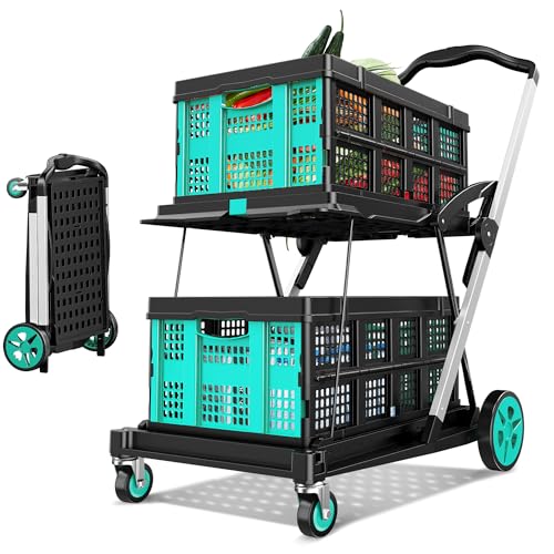 8-in-1 Max 200LBS Collapsible Shopping Cart on Wheels with 2 Storage Crates, Portable Foldable Shopping Cart with Foot Brake for Picnic, Supermarket, Office, Blue-2026 Upgraded - color: Blue
