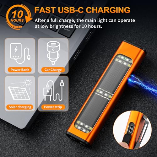 Solar/Rechargeable Flat Flashlights, 900 Lumens EDC Tactical Flashlight, Multi Function LED Small Flashlight, 7 Modes IP65 Waterproof for Home, Camping,and Emergency Use (Orange) - color: Orange