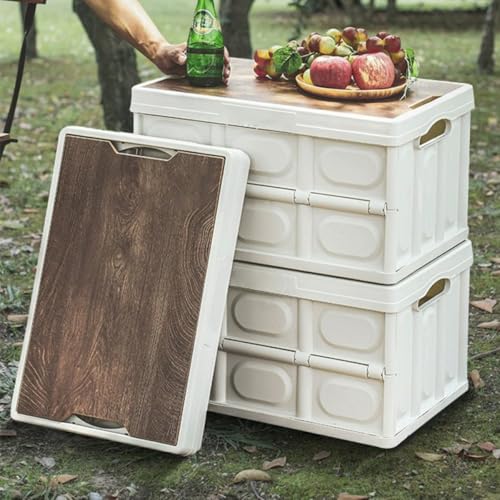 PRETYZOOM Foldable Outdoor Storage Box with Wooden Lid Medium White, Large-capacity Clothes Organizer and Camping Storage Container for Vehicle and Home Use