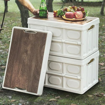 PRETYZOOM Foldable Outdoor Storage Box with Wooden Lid Medium White, Large-capacity Clothes Organizer and Camping Storage Container for Vehicle and Home Use