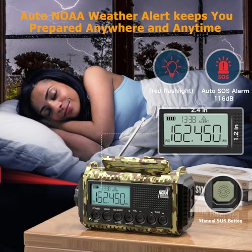 12000mAh/44400mWh Weather Radio, Hand Crank Emergency Radio Portable AM FM Shortwave, Solar Rechargeable Battery Powered Radio with NOAA Alert, USB-C Charger & Adapter, SOS Flashlight for Emergency - color: Camo Green
