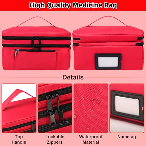 Tesuko Medicine Bag for Traveling with Portable Small Pouch, Double Layer Pill Bottle Organizer Storage Case with Lockable Zippers, Carrying Medication Travel Case with Shoulder Strap (Bag ONLY), Red